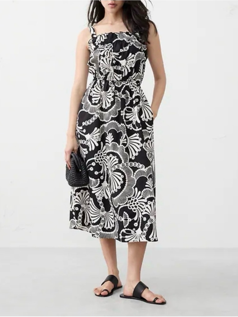NWT Banana Republic Factory B&W Poplin Elastic Floral Fit&Flare Midi Dress L